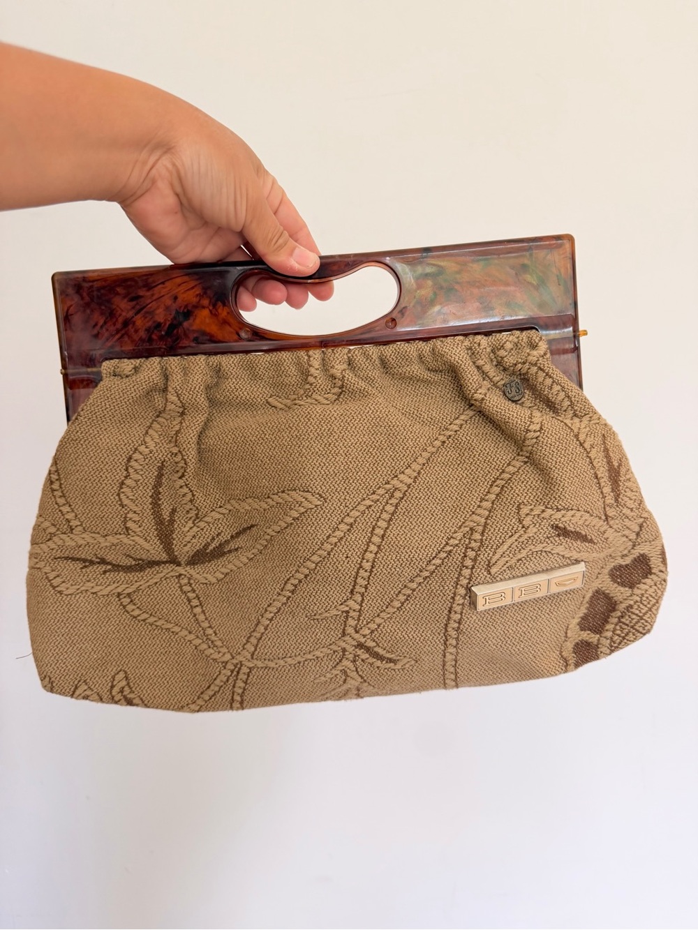 Vintage Woven Carpet Style Palm Leaves Clutch Bag Tortoiseshell Handle Beige MCM